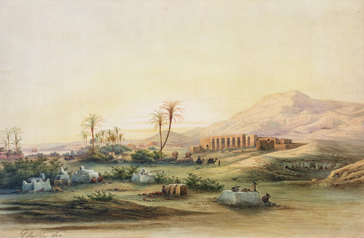 Valley of the Nile with the Ruins of the Temple of Seti I, 1844 (pencil und wc on paper) by Prosper Georges Antoine Marilhat