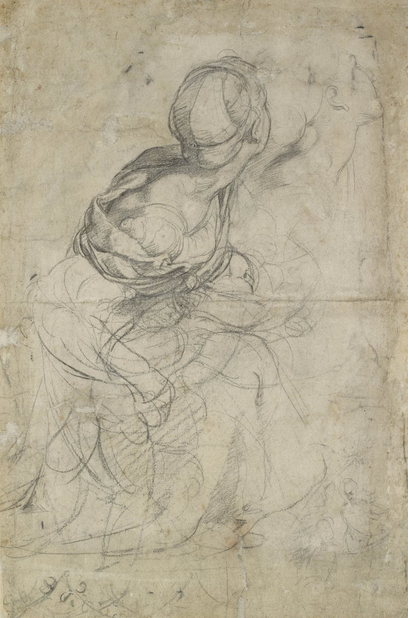 İki Diz çökmüş Kadın Çalışmaları (siyah tebeşir) by Raffaello Sanzio Raphael