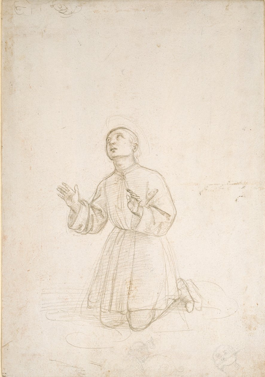 Diz çökmüş bir genç figürü, c1503 by Raphael
