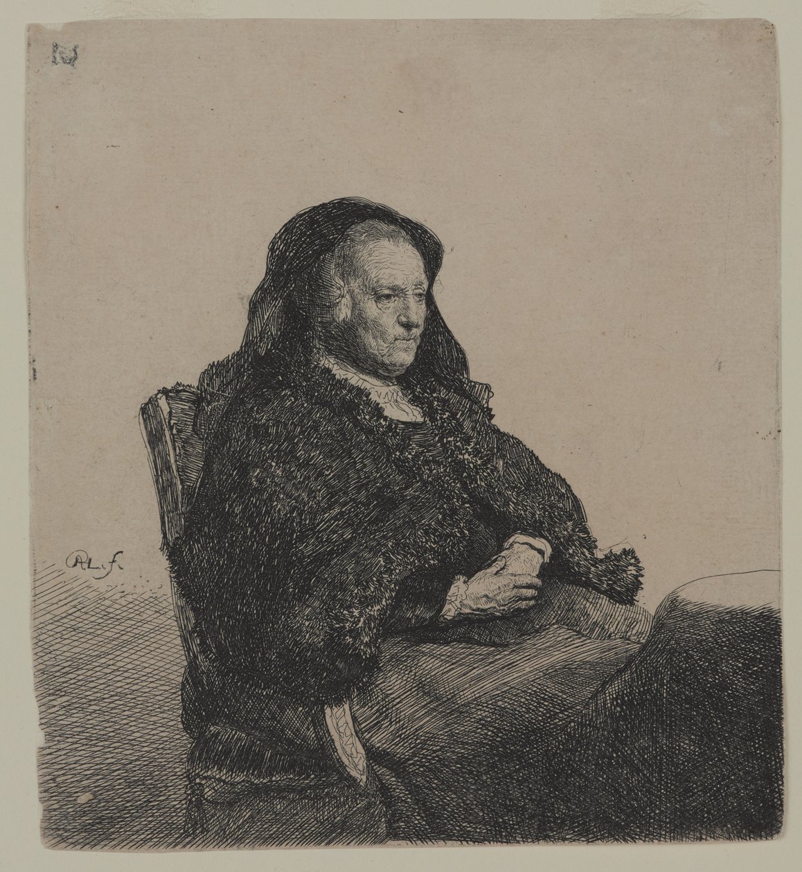 Rembrandts Mother, c.1631 (döşemiş kağıda gravür) by Rembrandt van Rijn