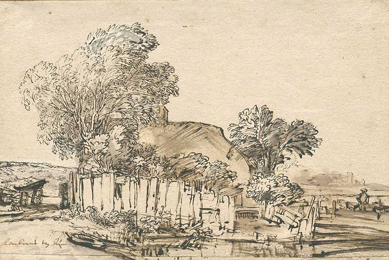 Ağaçlar arasında ahşap çit ile yazlık by Rembrandt van Rijn