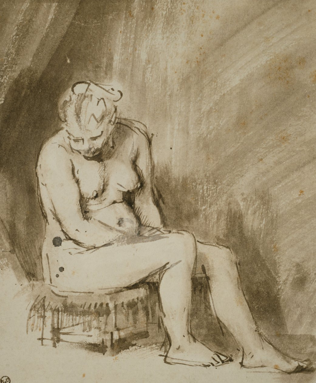 bir taburede oturan çıplak kadın by Rembrandt van Rijn