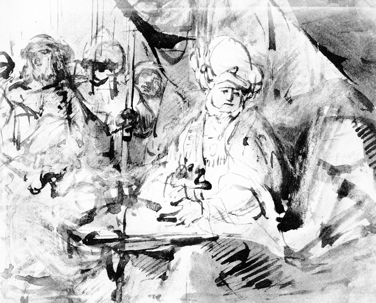 Pilatus ellerini yıkıyor, c.1665 (kalem, mürekkep ve kağıt üzerinde yıkama) by Rembrandt van Rijn