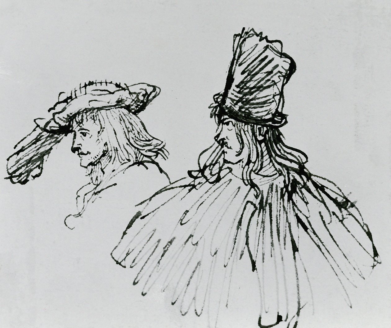 İki Aktör (kağıt üzerinde kalem ve mürekkep yıkama) by Rembrandt van Rijn