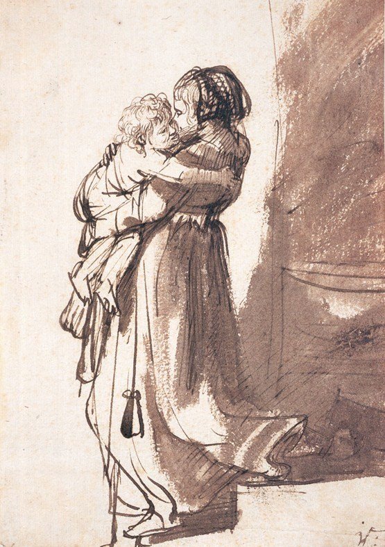 Alt Katta Çocuk Taşıyan Kadın by Rembrandt van Rijn