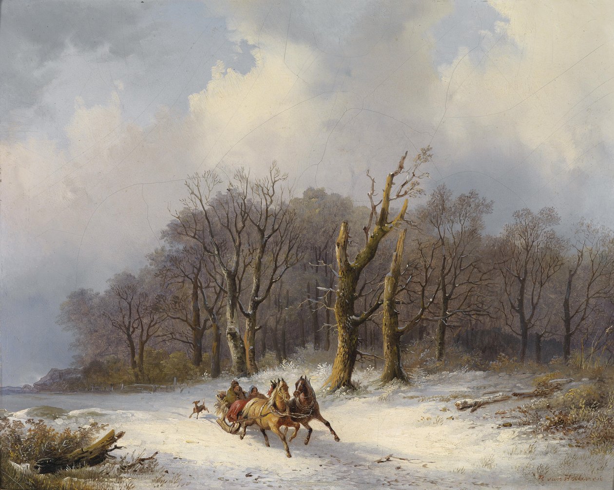 Ön planda bir atlı kızak ile kış manzarası by Remigius Adrianus Haanen