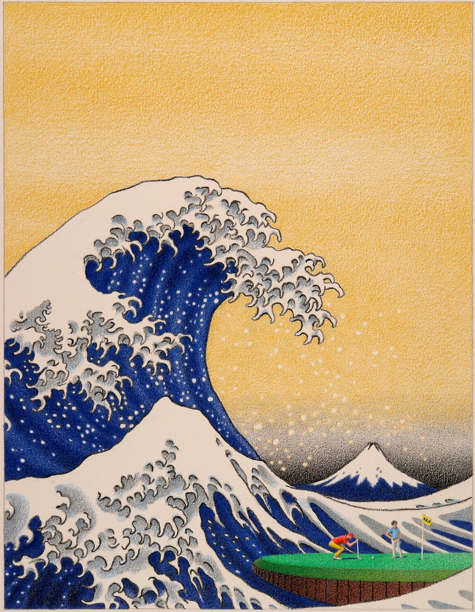 HOKUSAI-Golf, 2021, Kağıt üzerine renkli kalem çizimi by Rene Boin