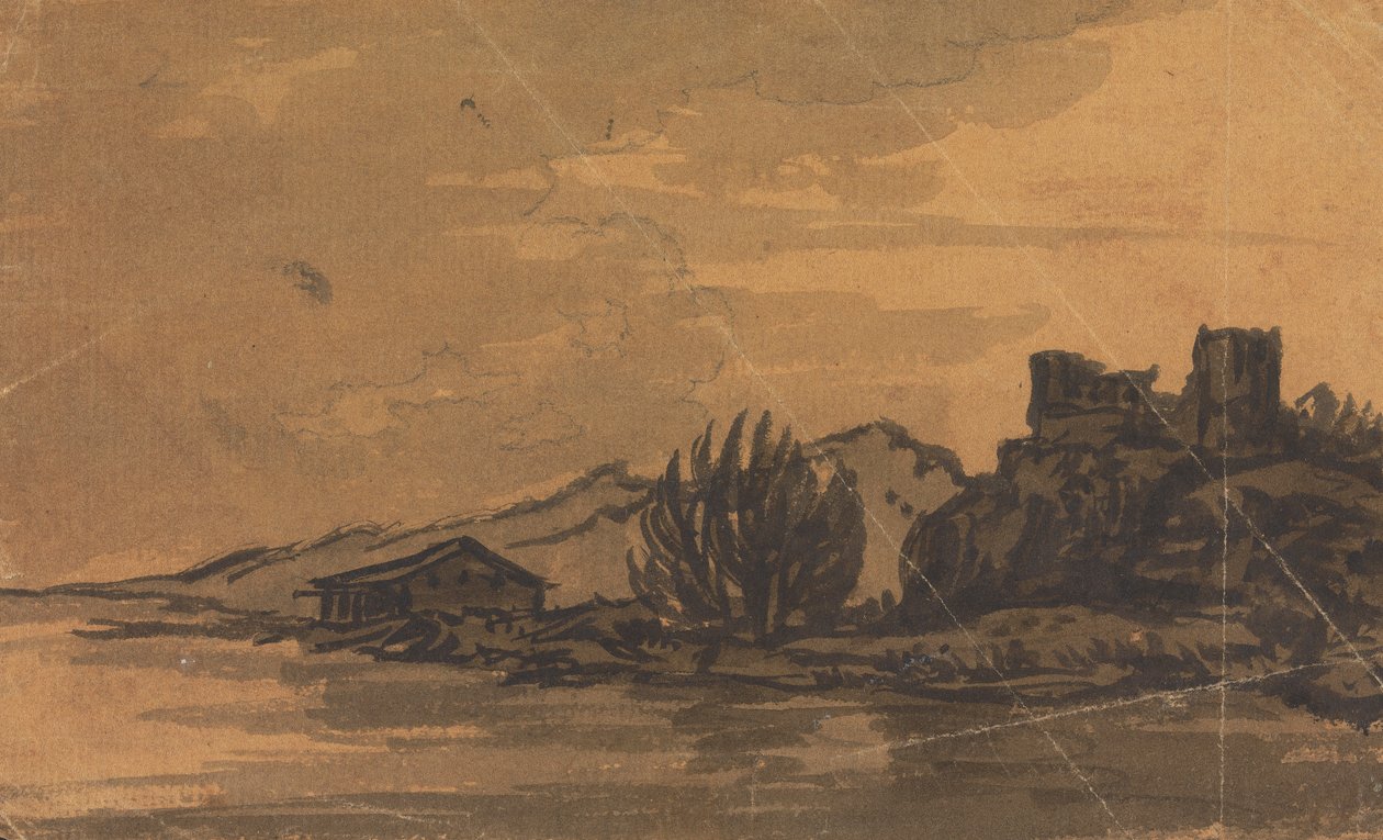 Riverbank'ta Ev ile Manzara by Rev. William Gilpin
