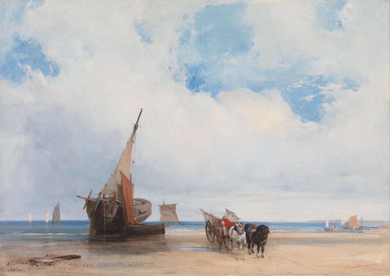 Trouville, Fransa yakınlarında karaya oturmuş gemiler ve bir vagon by Richard Parkes Bonington