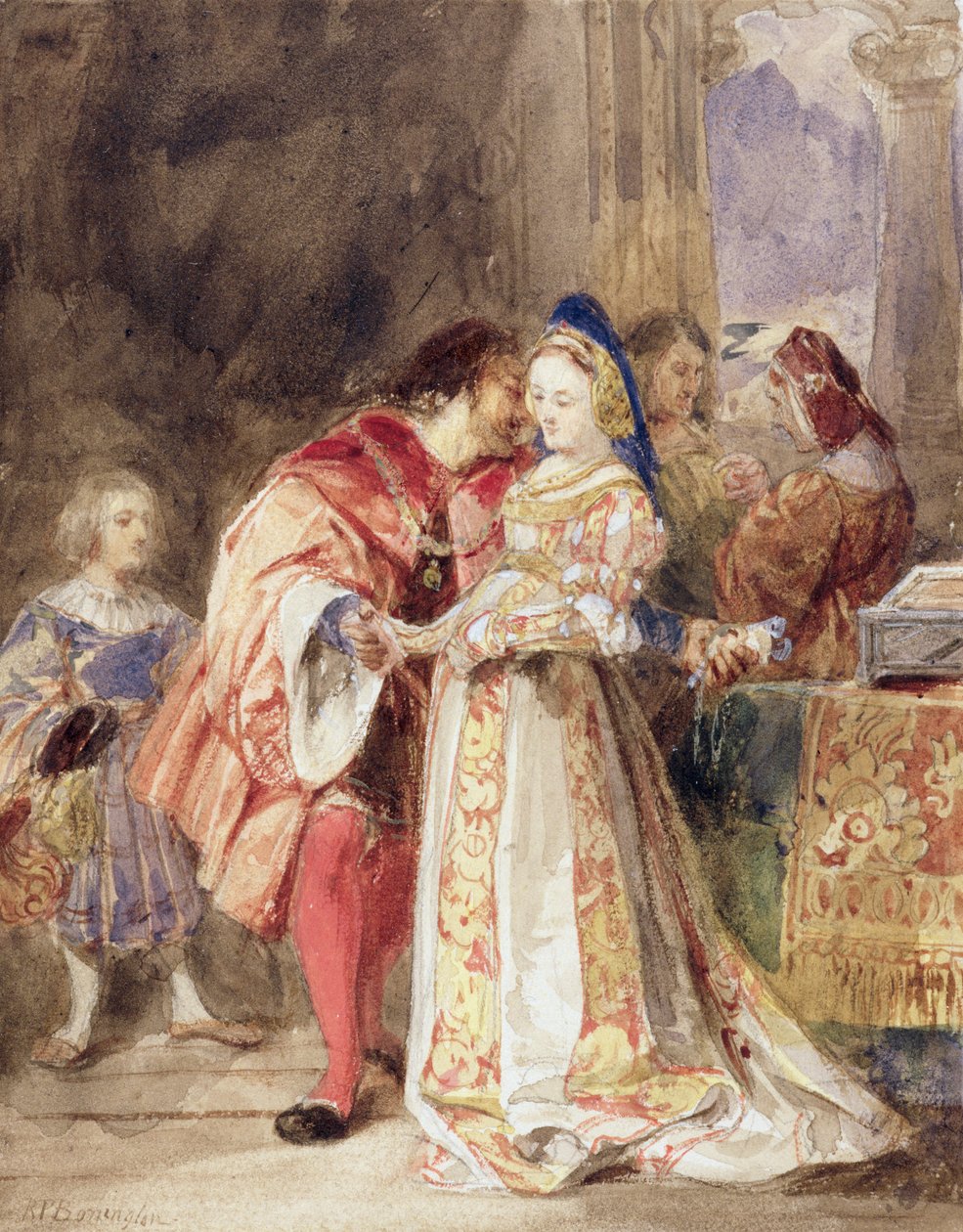 Portia ve Bassanio, c.1826 (wc, kahverengi mürekkep, gövde rengi ve kağıt üzerinde grafit) by Richard Parkes Bonington