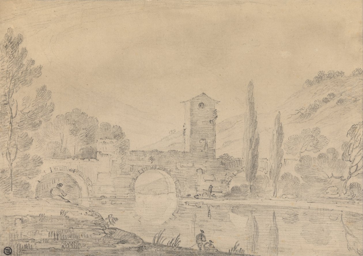 Üç Kemerli Köprü, Köprü Evi, Kıyıya Yakın Figürler ve Uzakta Kavaklarla İtalyan Manzarası... by Richard Wilson