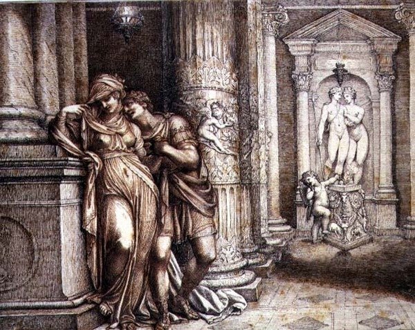 Cupid tarafından teşvik edilen iki aşık by Richard Cosway