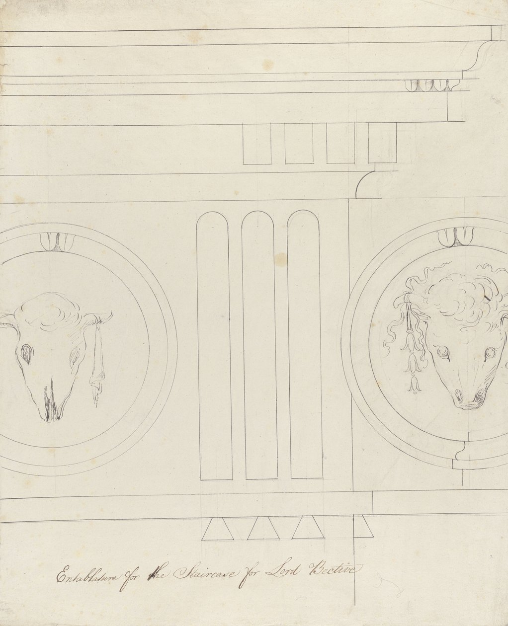Merdiven saçağı tasarımı, Headfort House, 1772 (keten üzerine serilmiş kağıt üzerine kalem ve mürekkep) by Robert Adam
