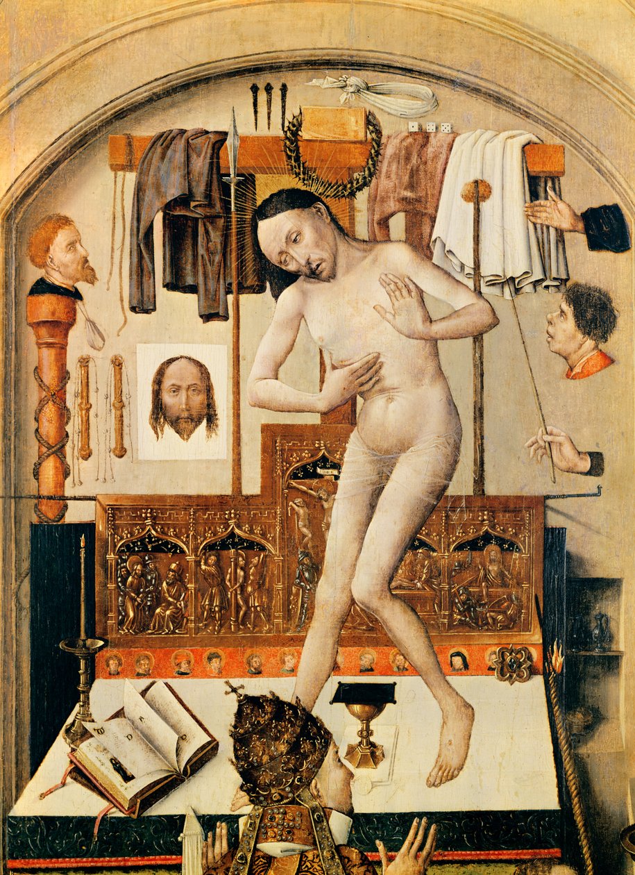 Paneldeki sunak yağının büyük detayı St. Gregory Kütlesi by Robert Campin