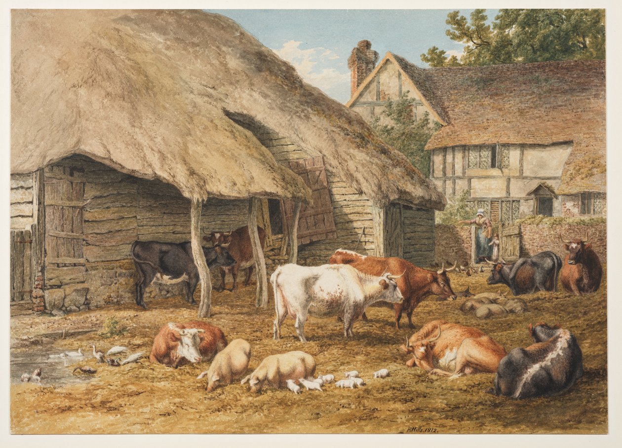 Sığır ve domuzların bulunduğu bir çiftlik manzarası by Robert Hills