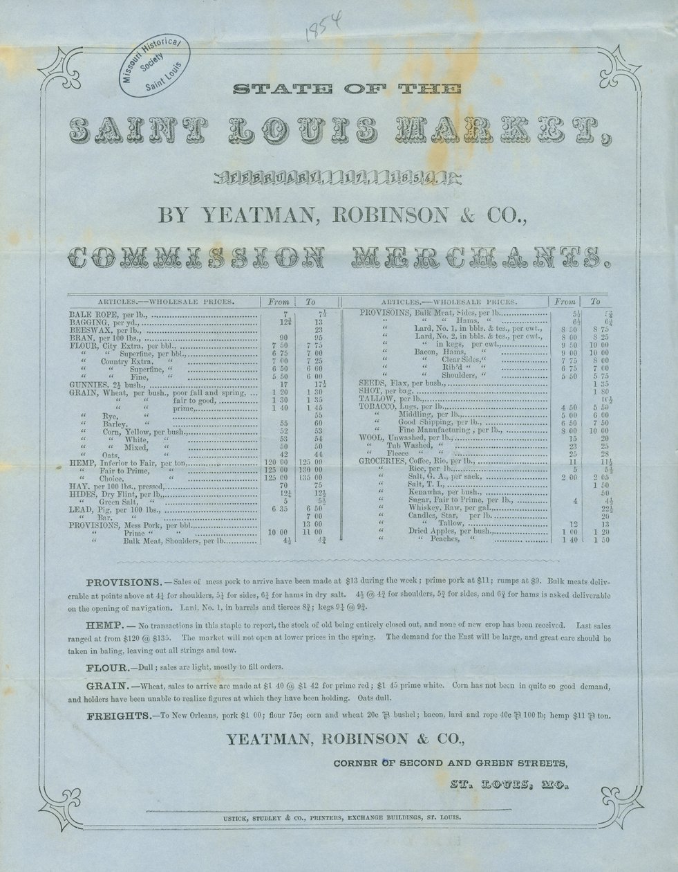 Piyasadaki çeşitli ürünler için toptan satış fiyatlarını listeler by Robinson and Co. Yeatman