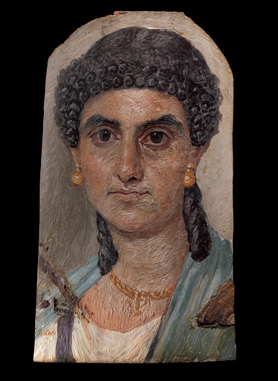 Mavi mantolu bir kadının pano resmi, MS 54-68 (ahşap üzerine çini) by Roman Roman