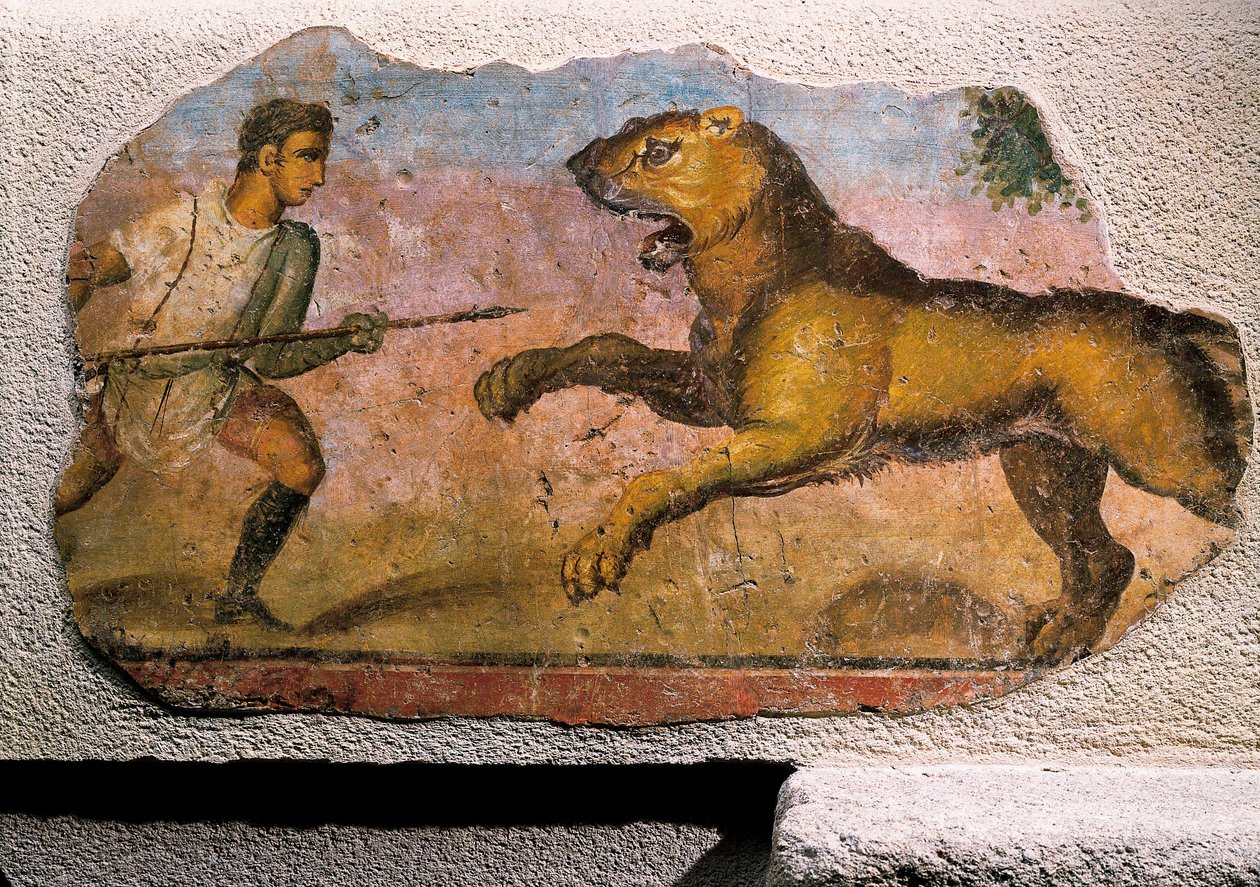 Gladyatör bir aslanla savaşıyor (fresk) by Roman Roman
