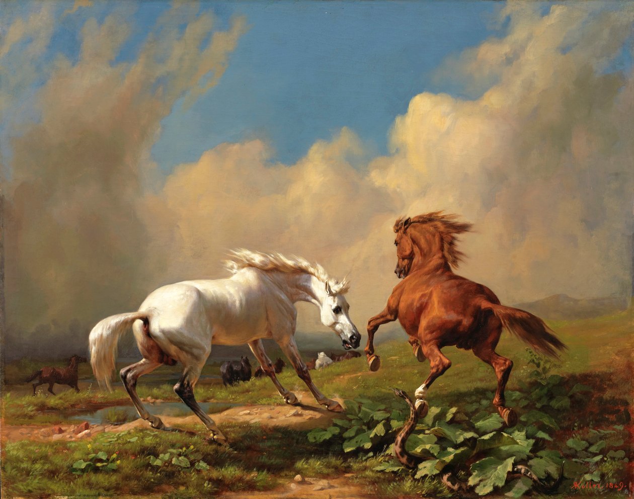 Bir fırtına yaklaşırken utangaç atlar by Rudolf Koller