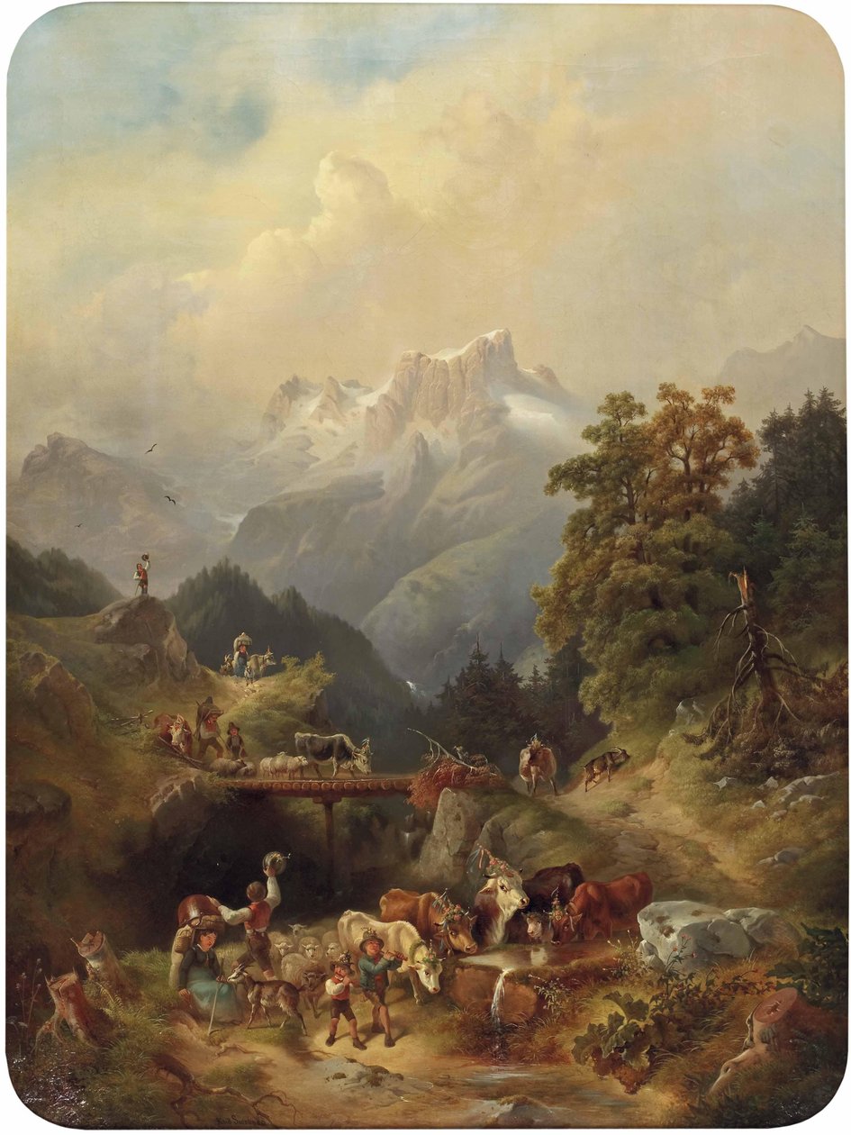 Yüksek dağlarda şenlikli sığır sürüşü. by Rudolf Swoboda der Ältere