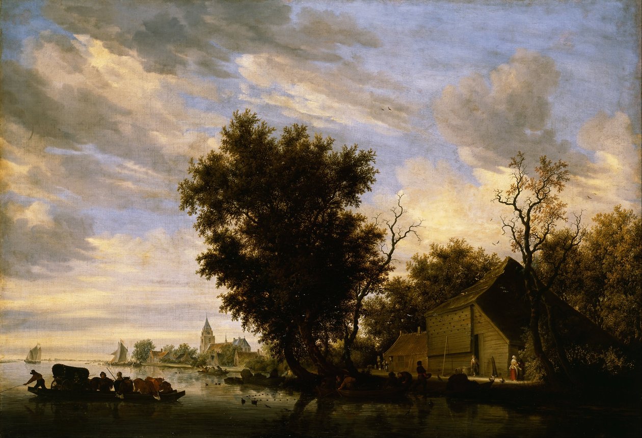 Feribot ile nehir sahnesi by Salomon van Ruisdael or Ruysdael