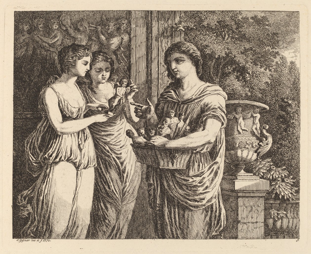 İki Kızlı Heykelcik Satıcısı, 1770. by Salomon Gessner