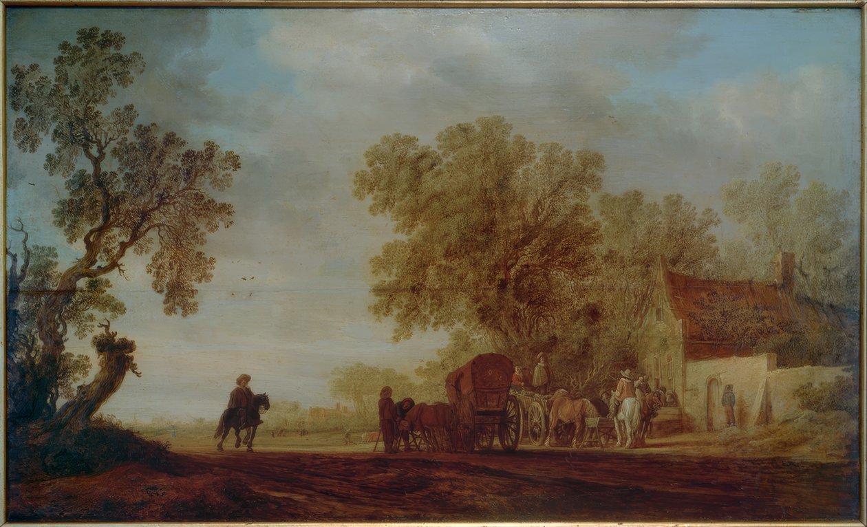 Han ve gezginlerin olduğu köy yolu by Salomon van Ruisdael or Ruysdael