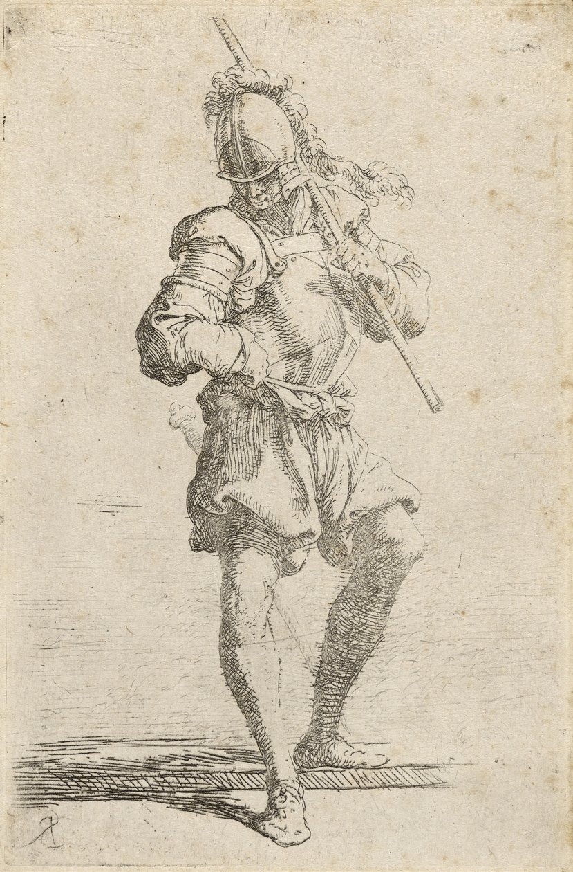 Omzunun üzerinde bir asa tutan ve alçak bir çıkıntıdan inen bir Savaşçı, c.1656-57 (döşemiş kağıt üzerine kuru nokta ile gravür) by Salvator Rosa