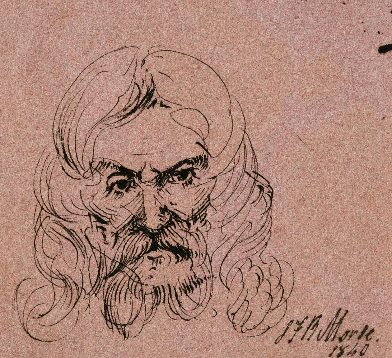 Uzun saçlı sakallı bir adamın kafasının taslağı, 1840 (pembe dokuma kağıt üzerine kalem ve siyah mürekkep) by Samuel Finley Breese Morse