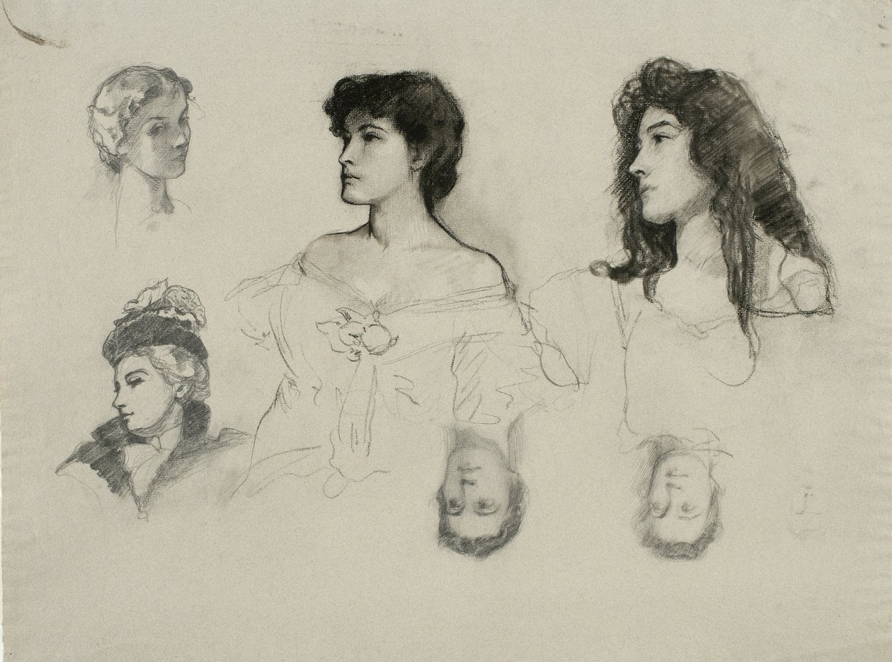 Altı kadın kafası çizimi (kağıt üzerine kalem ve tebeşir) by Samuel Isham