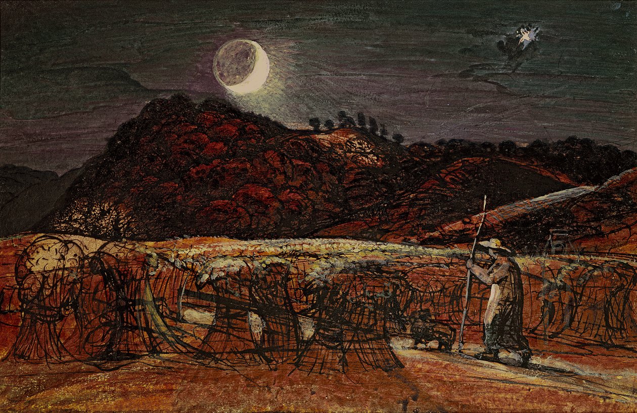 Mısır Tarlası, Ay Işığında, Akşam Yıldızı ile, 1830 civarı (klozet ve gövde rengi, kalem ve mürekkepli) by Samuel Palmer