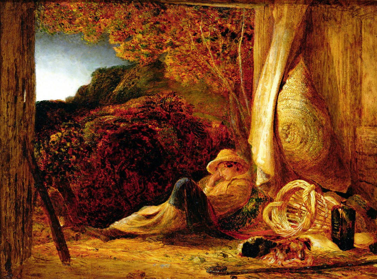 Uyuyan Çoban, 1834 (kağıt üzerine yağlı sır ile tempera, panele yerleştirilmiş) by Samuel Palmer