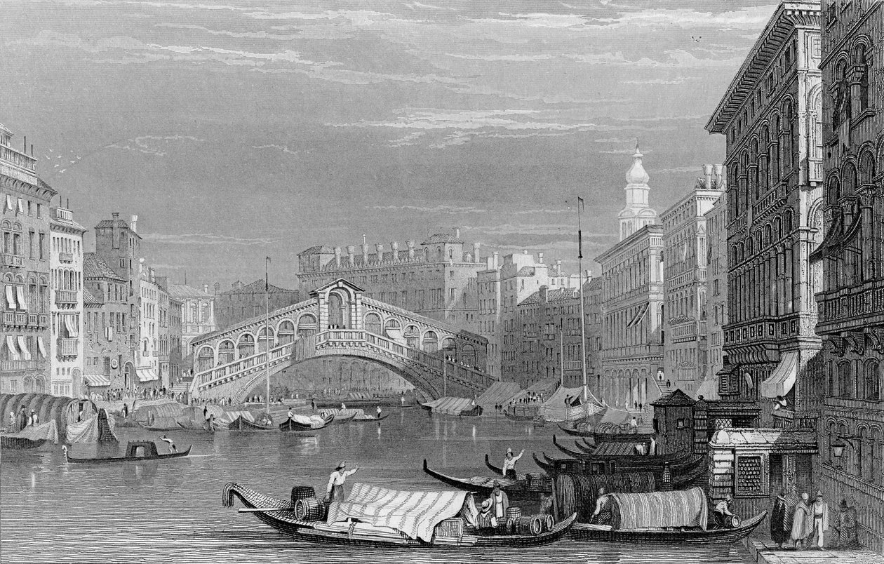 Rialto Köprüsü, Venedik, Edward Finden tarafından oyulmuş, c.1830 by Samuel Prout