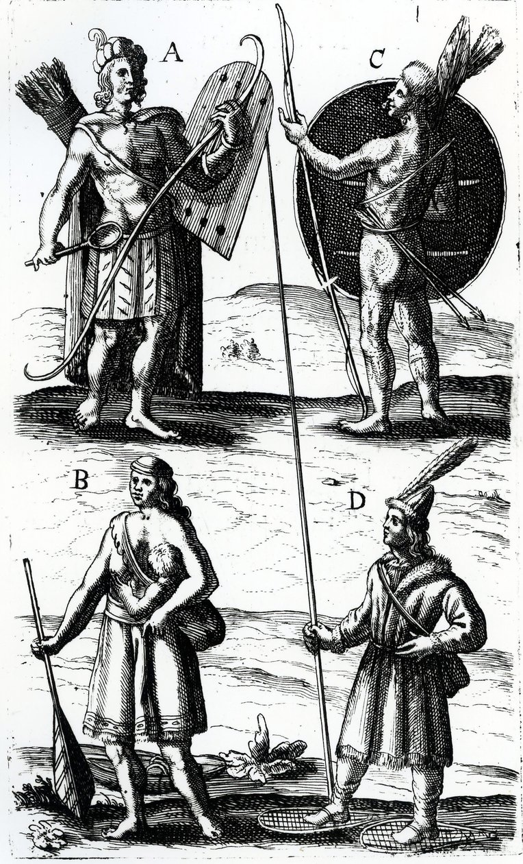Algonquin elbisesinin çizimleri, Samuel de Champlain (yaklaşık 1574-1635), 17. yüzyıl tarafından Sieur de Champlain Yolculuklarından gravür by Samuel de Champlain