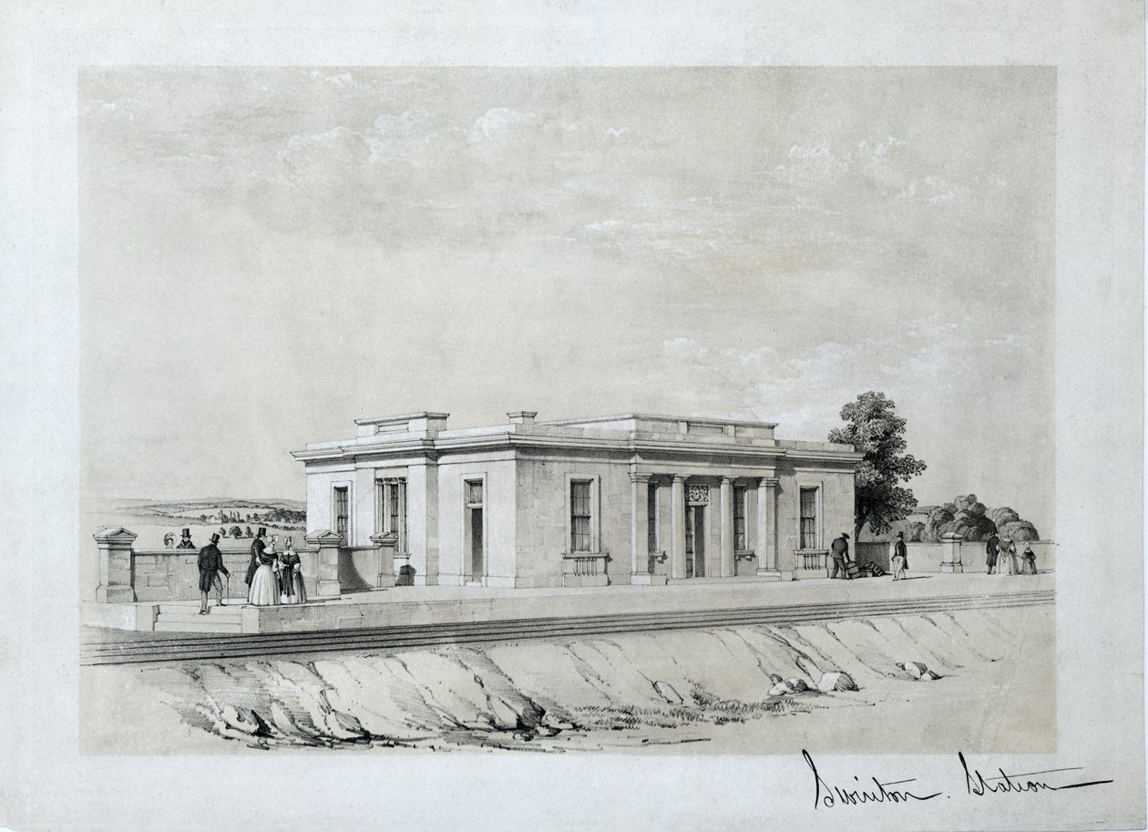 Swinton İstasyonu, c1840 (kağıt üzerine renkli litografi) by Samuel Russell