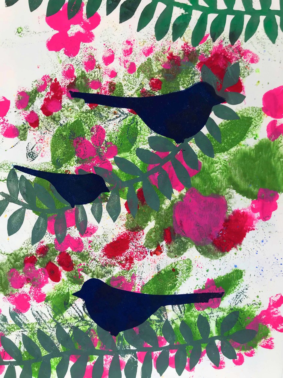 Üç karatavuk (kağıt üzerine monoprint) by Sarah Thompson Engels