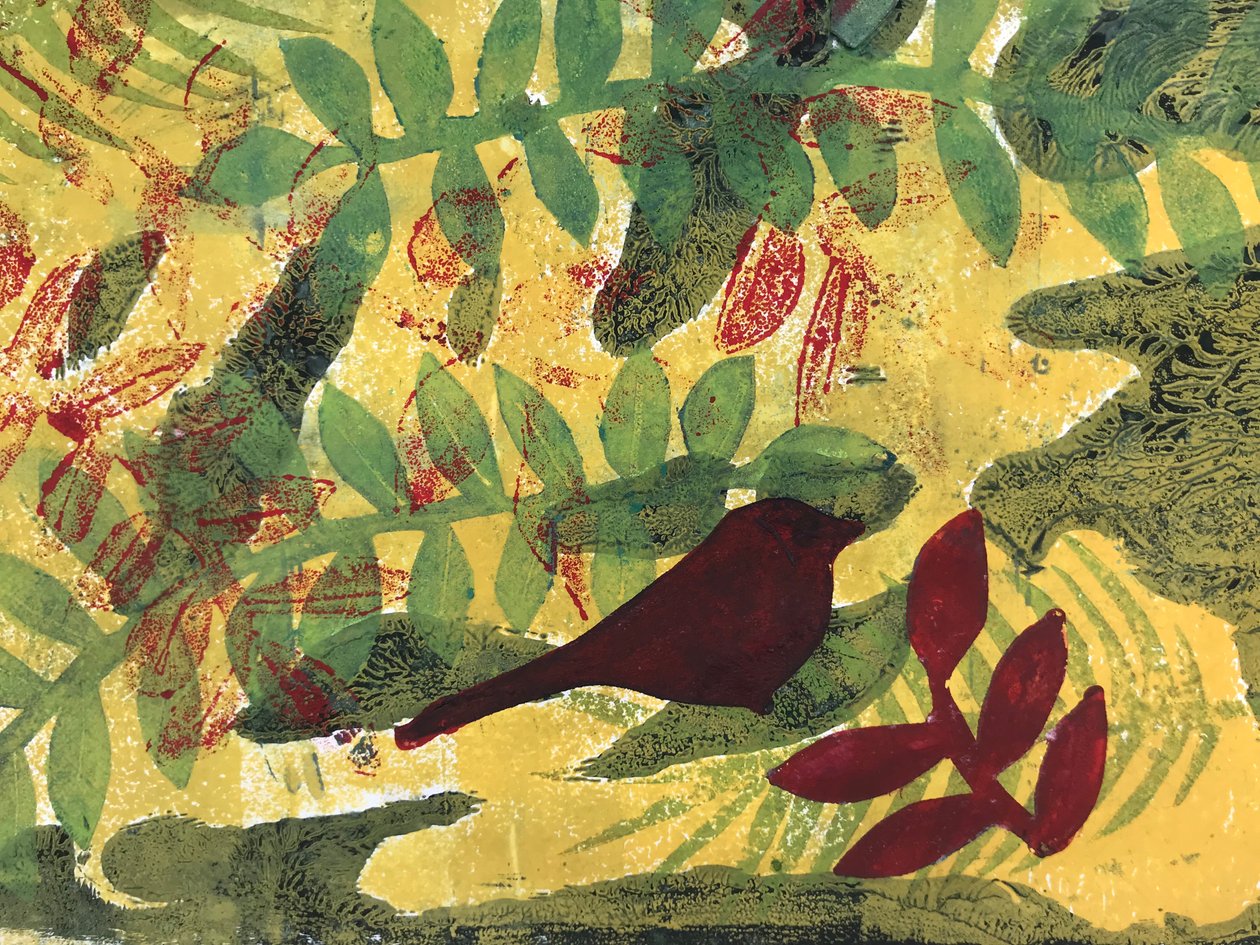 Sarı hardal botanik (kağıt üzerine monoprint) by Sarah Thompson Engels