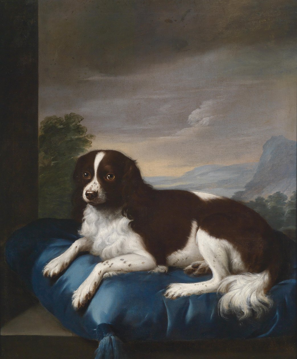 Bir yastık üzerinde bir İngiliz yaylı spaniel by Sawrey Gilpin
