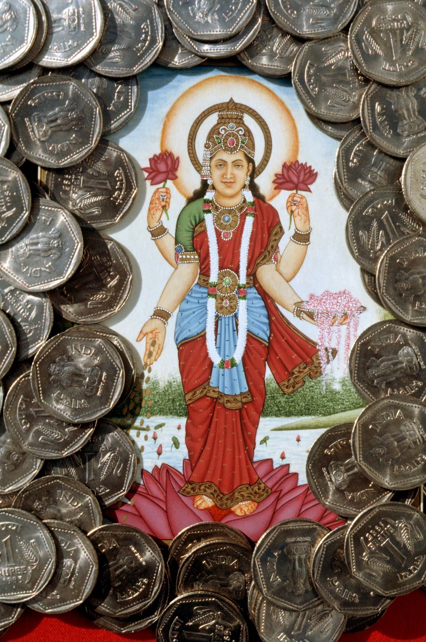 Tanrıça Lakshmi ve Bir Rupi Paraları by School Indian