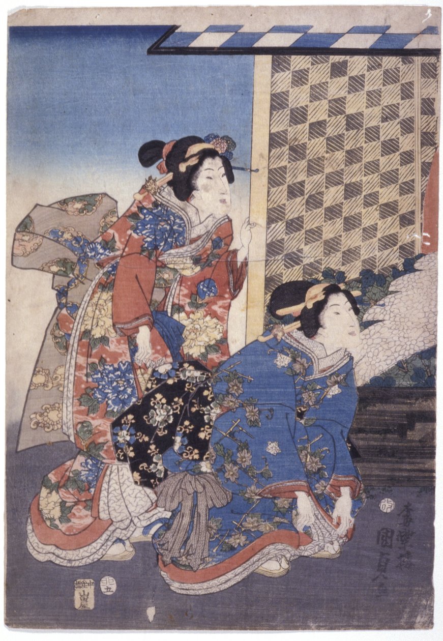 2 Kadın (Bir Diz çökmüş) (renkli gravür) by School Japanese