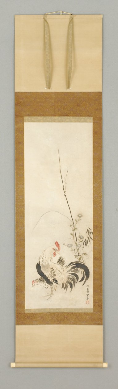 Kakemono, horoz ve tavuk w/çiçekler by Japanese School