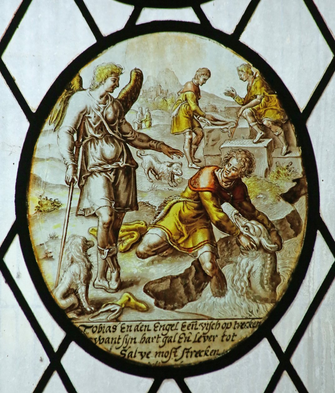 Roundel: Tobias bir balık yakalar (vitray) by School Netherlandish