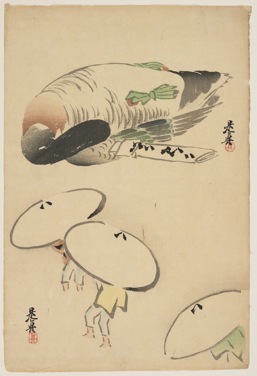 (Şemsiyeli Sülün Üç Adam) by Shibata Zeshin
