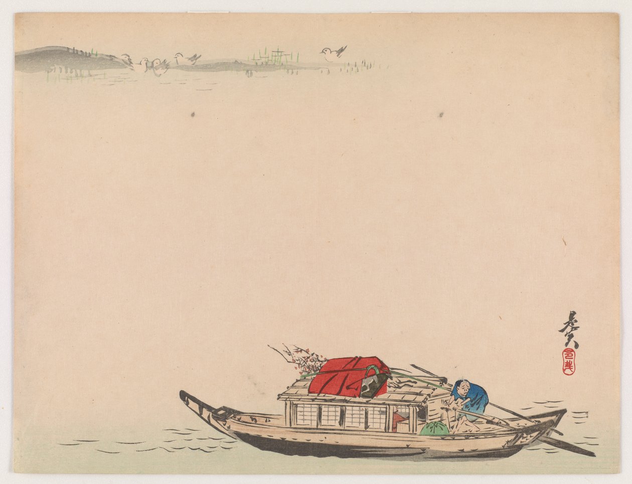 Bir Nehir Teknesi (renkli tahta baskı) by Shibata Zeshin