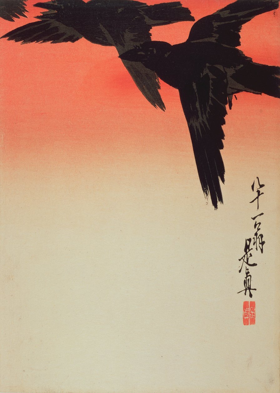 Gün Doğumunda Uçuşta Kargalar, 1888 (renkli tahta baskı) by Shibata Zeshin