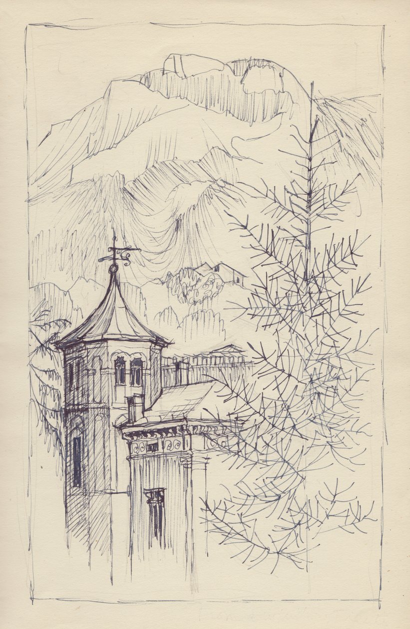 Kilise ve dağlar, İtalya, c1950. by Shirley Markham