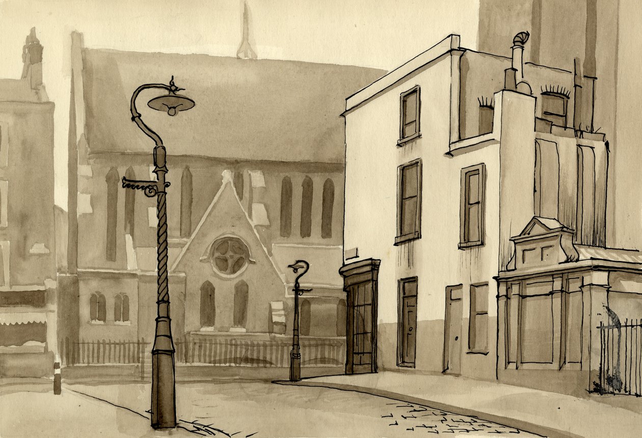 Elektrik direği ve kilise, c1951. by Shirley Markham