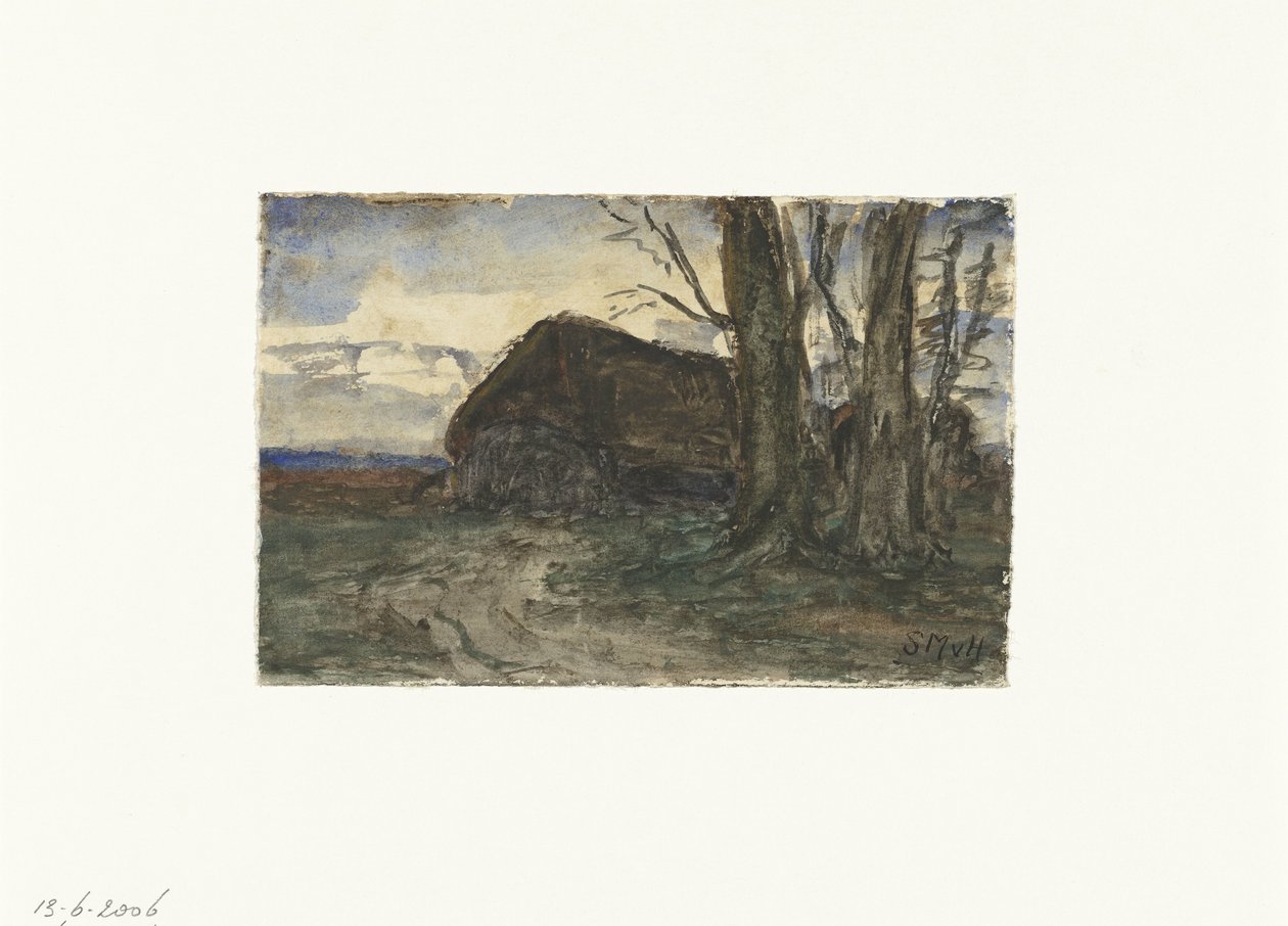 Akşam gökyüzünde ağaçların yanında koyun ağılı by Sientje Mesdag van Houten