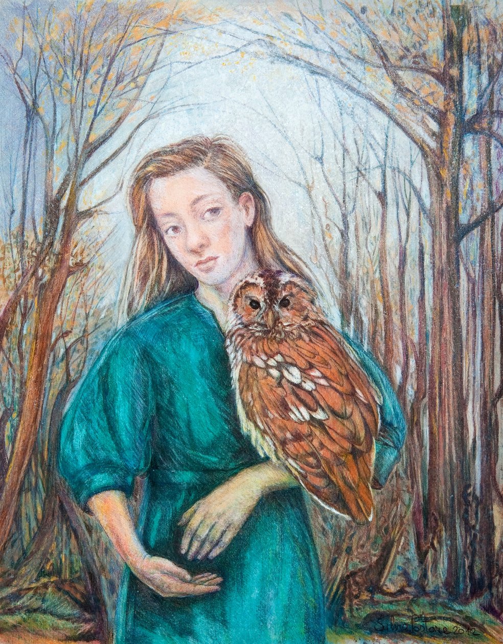 Girl with Owl, 2012 (watercolour with pastel) by Silvia Pastore