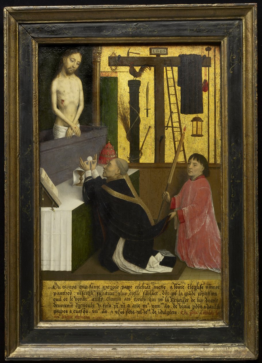 Aziz Gregory Kütlesi, c.1460-65 (ahşap panel üzerinde yağ ve altın varak) by Simon Marmion
